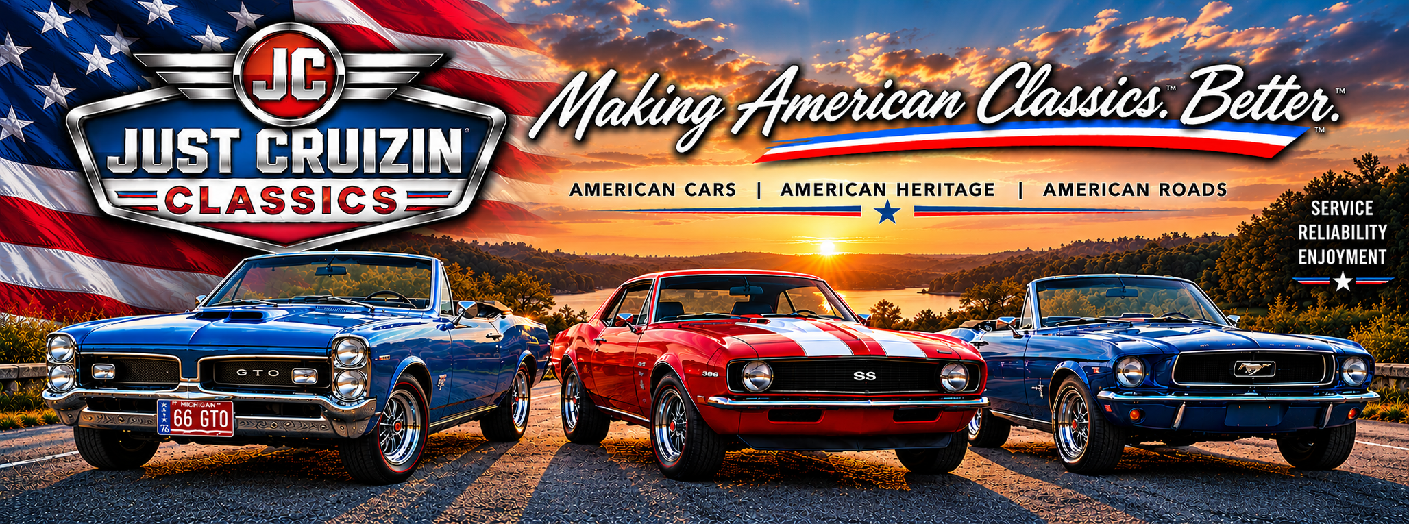 Just Cruizin Classics banner with three American muscle cars beside a lake at sunset